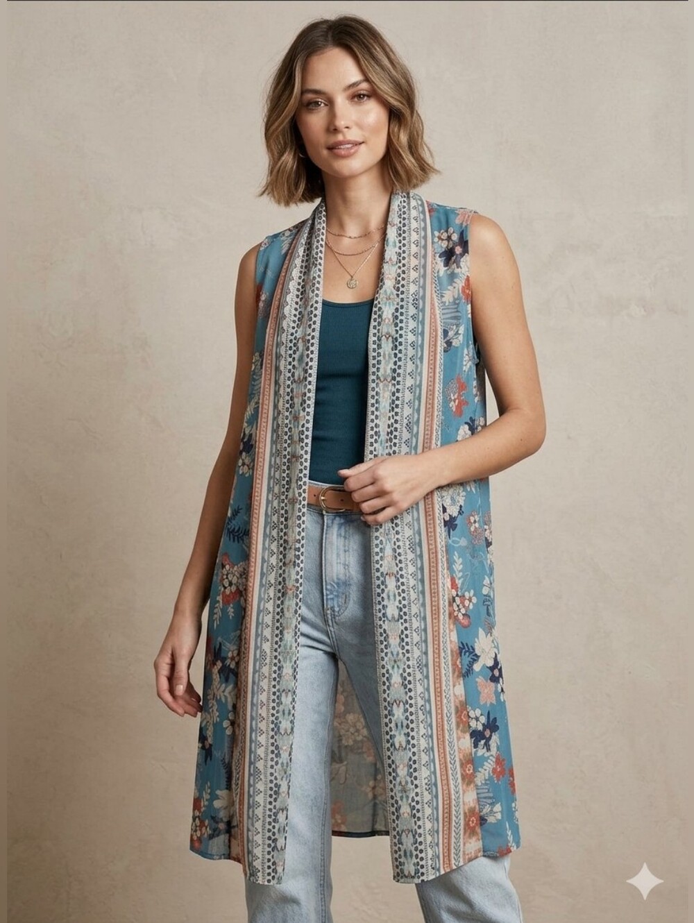 Easel Floral Print Open-Front Vest in Blue, Coral & Cream